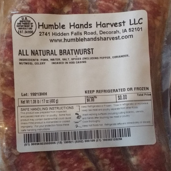 HHHM All Natural Pork Bratwurst, 4 count